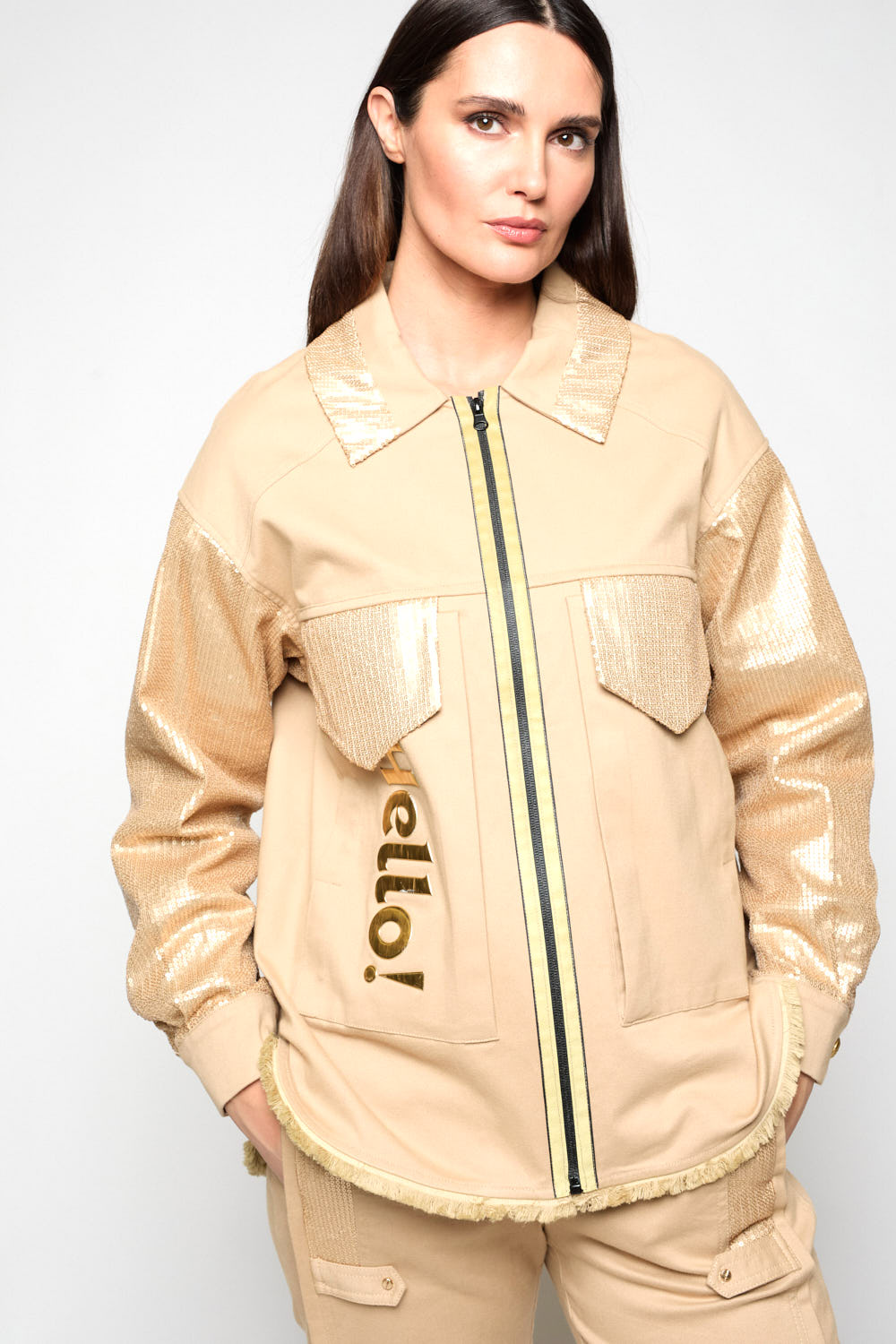 Chaqueta Lentejuelas Ekilore Camel