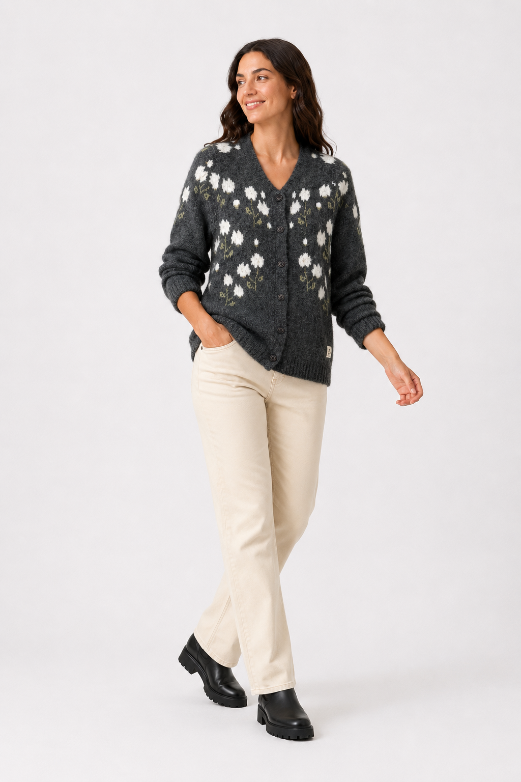 Chaqueta Punto Flor Gris