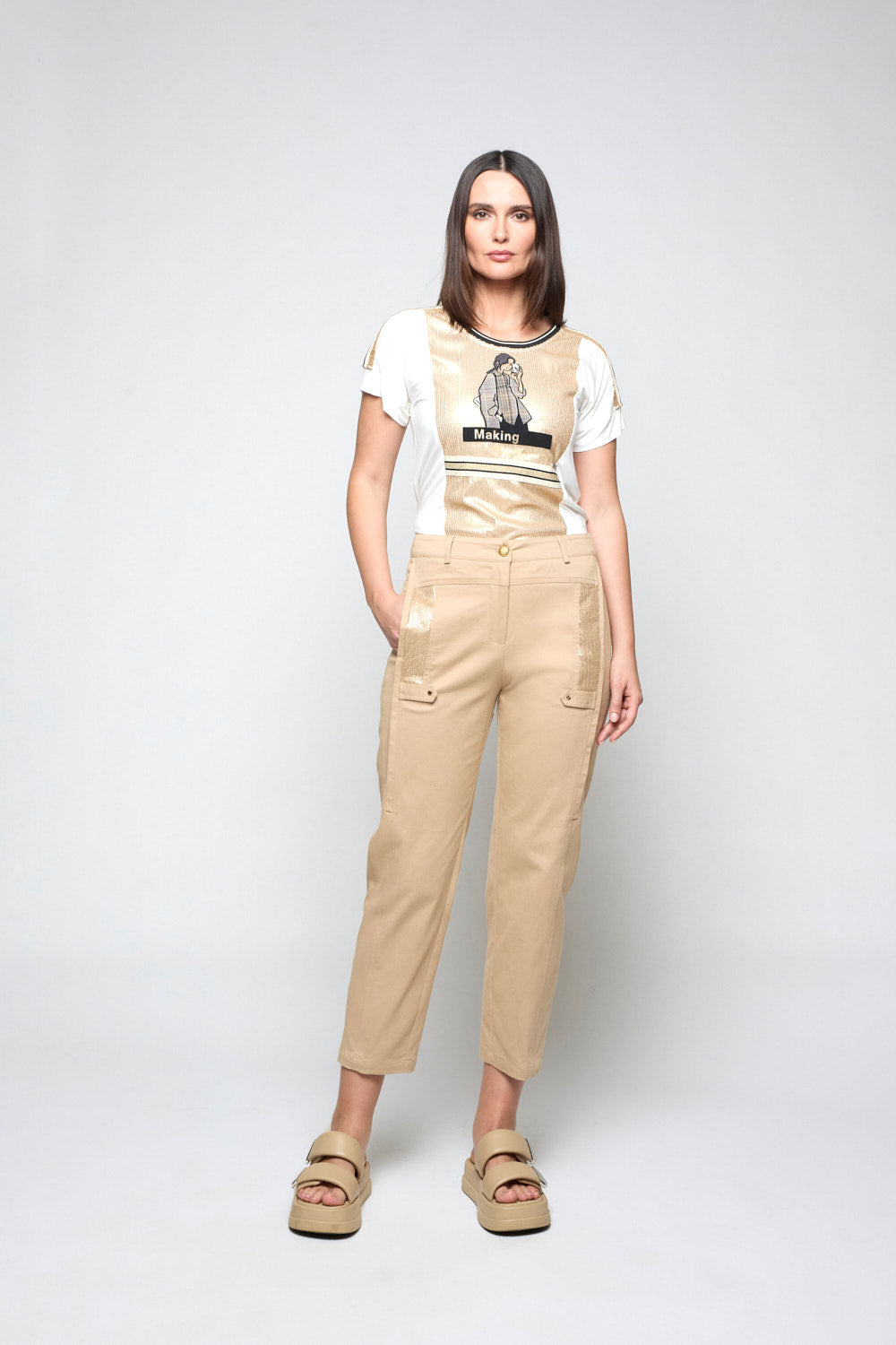 Pantalón lentejuelas Ekilore Camel