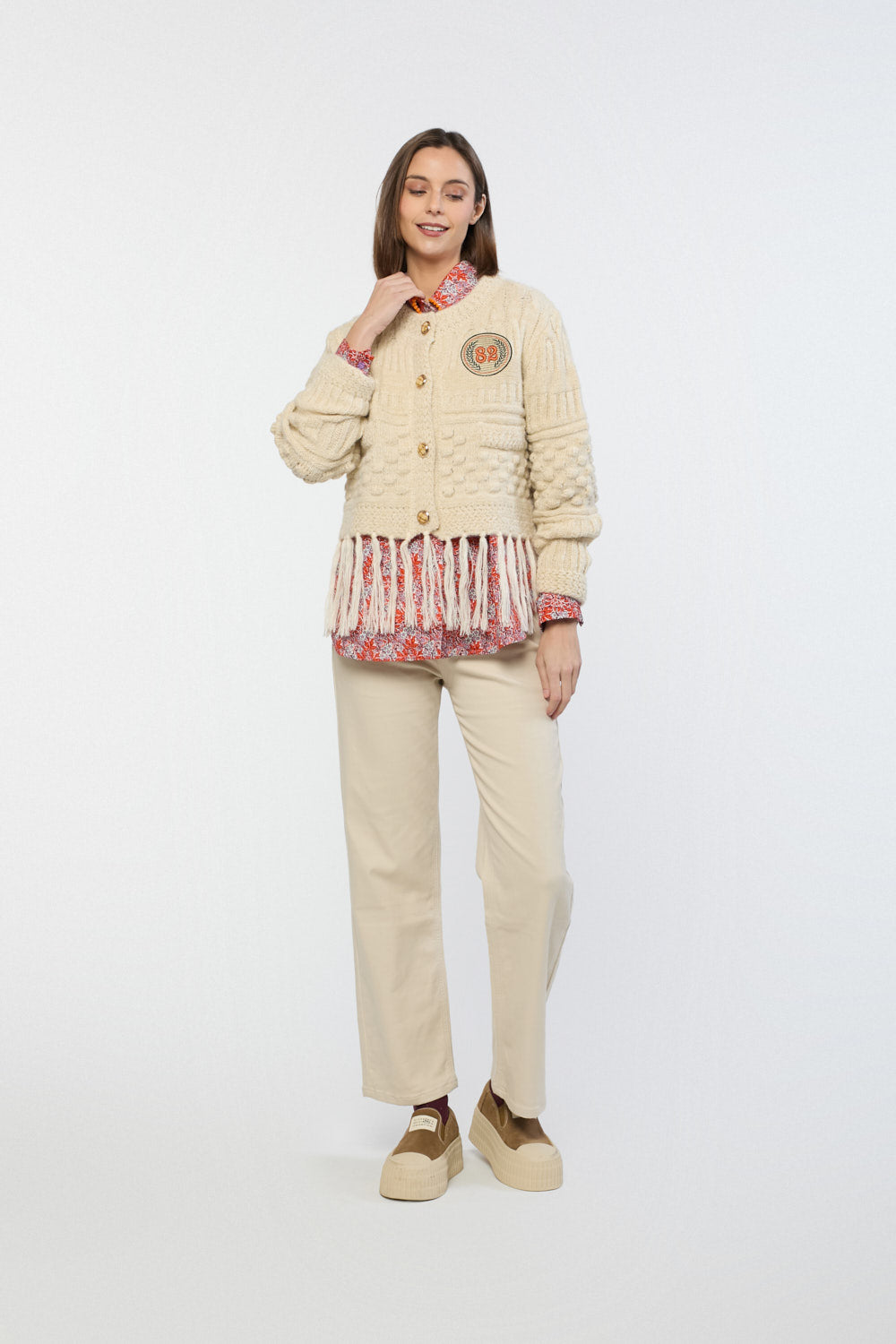 Chaqueta Flecos Punto Hueso