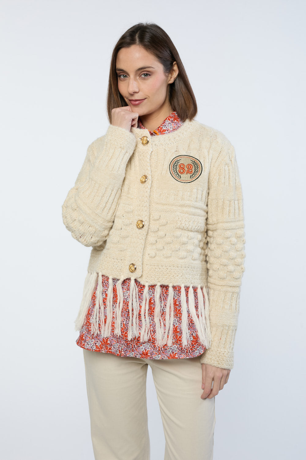 Chaqueta Flecos Punto Hueso