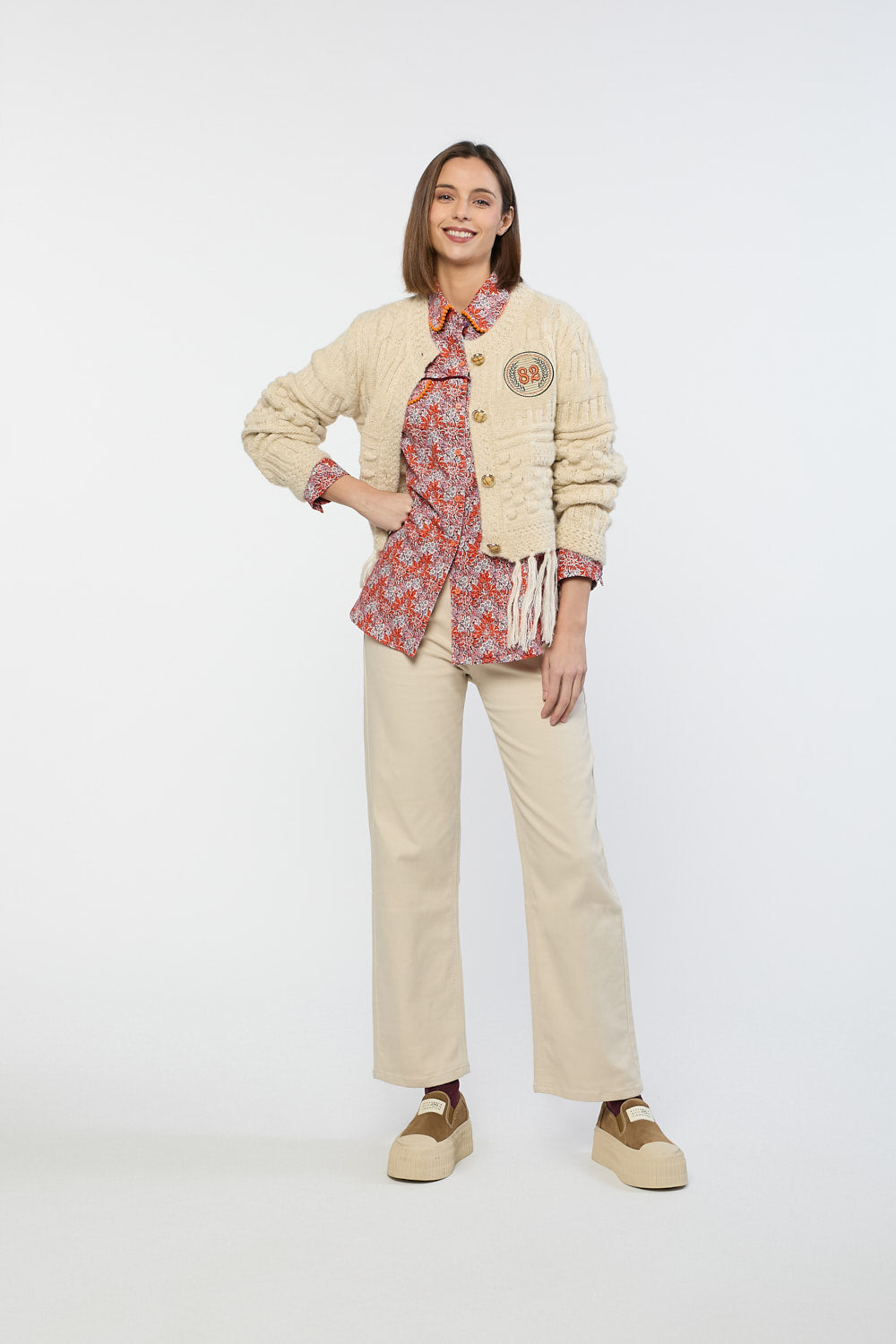 Chaqueta Flecos Punto Hueso