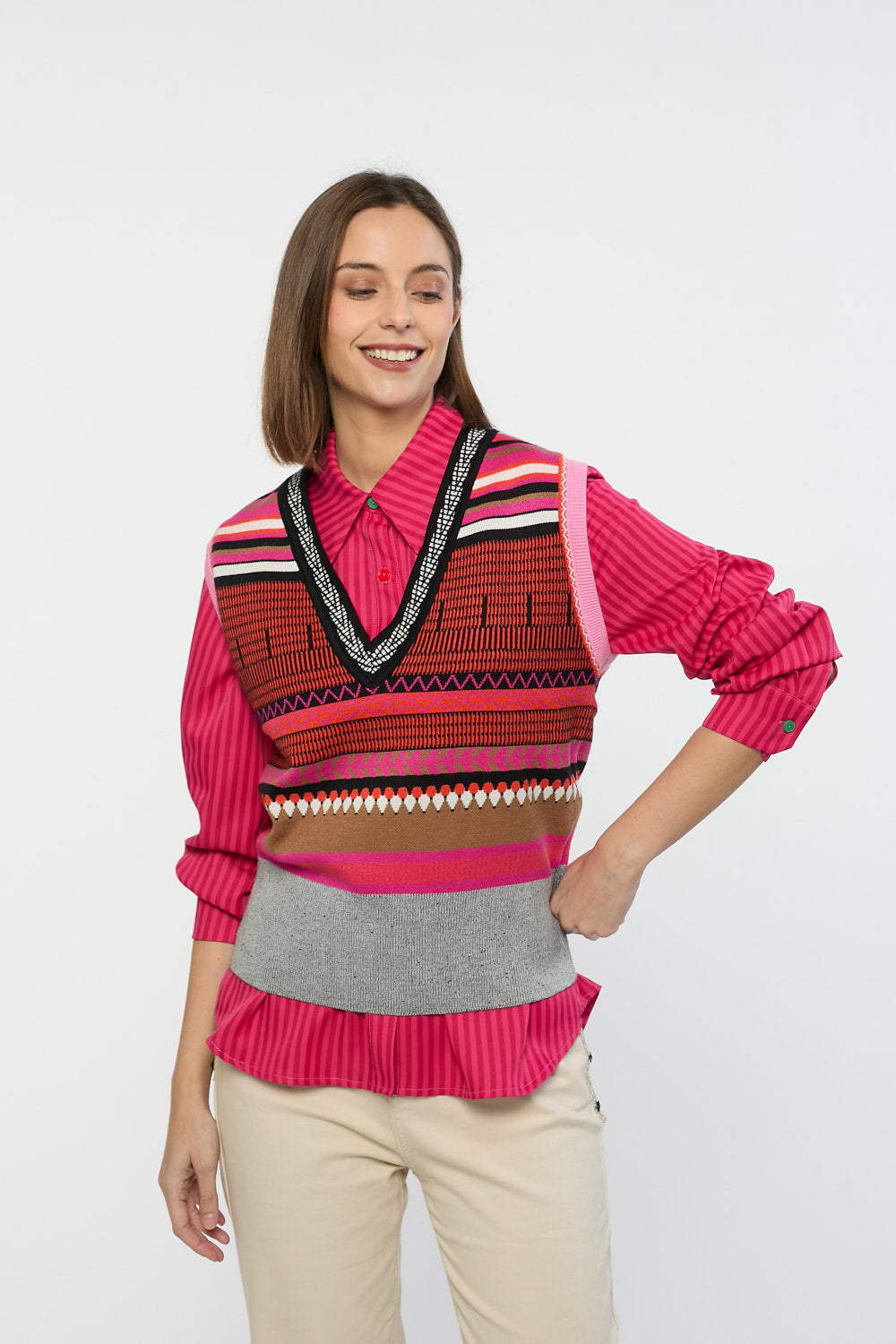 Chaleco Punto Grecas Rosa
