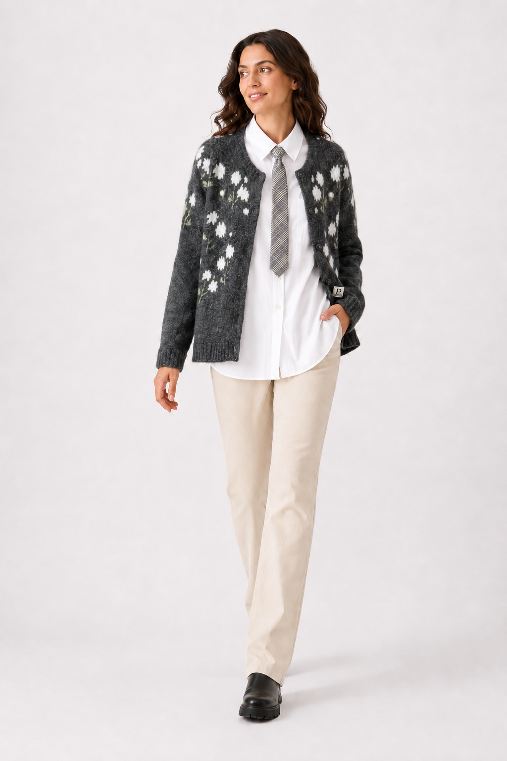 Chaqueta Punto Flor Gris