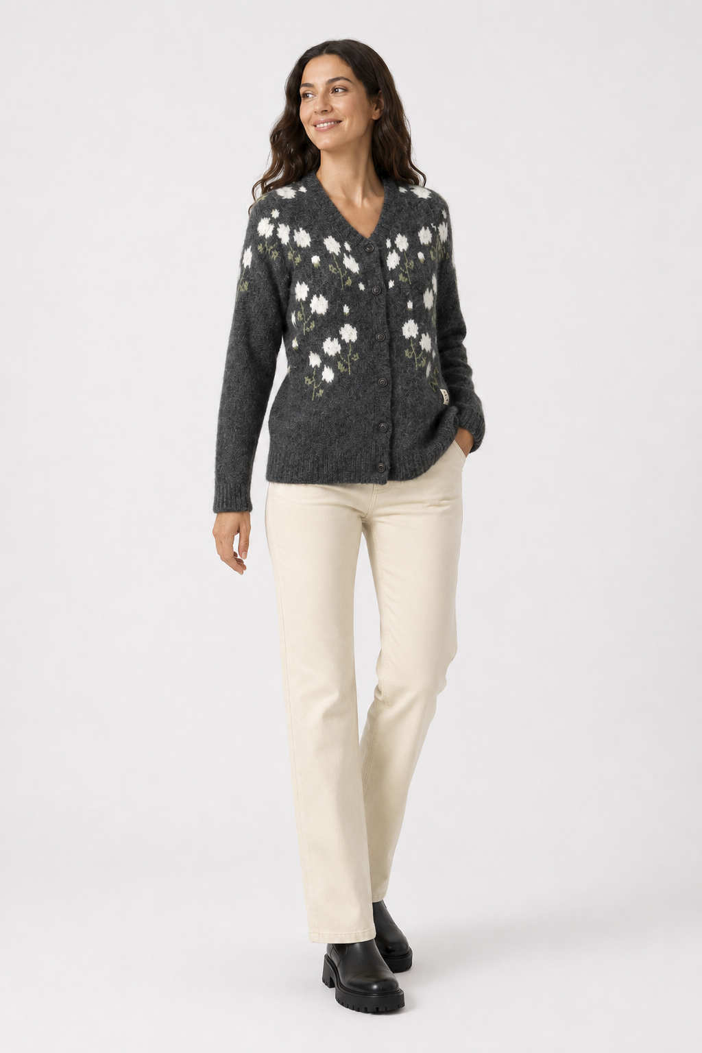 Chaqueta Punto Flor Gris