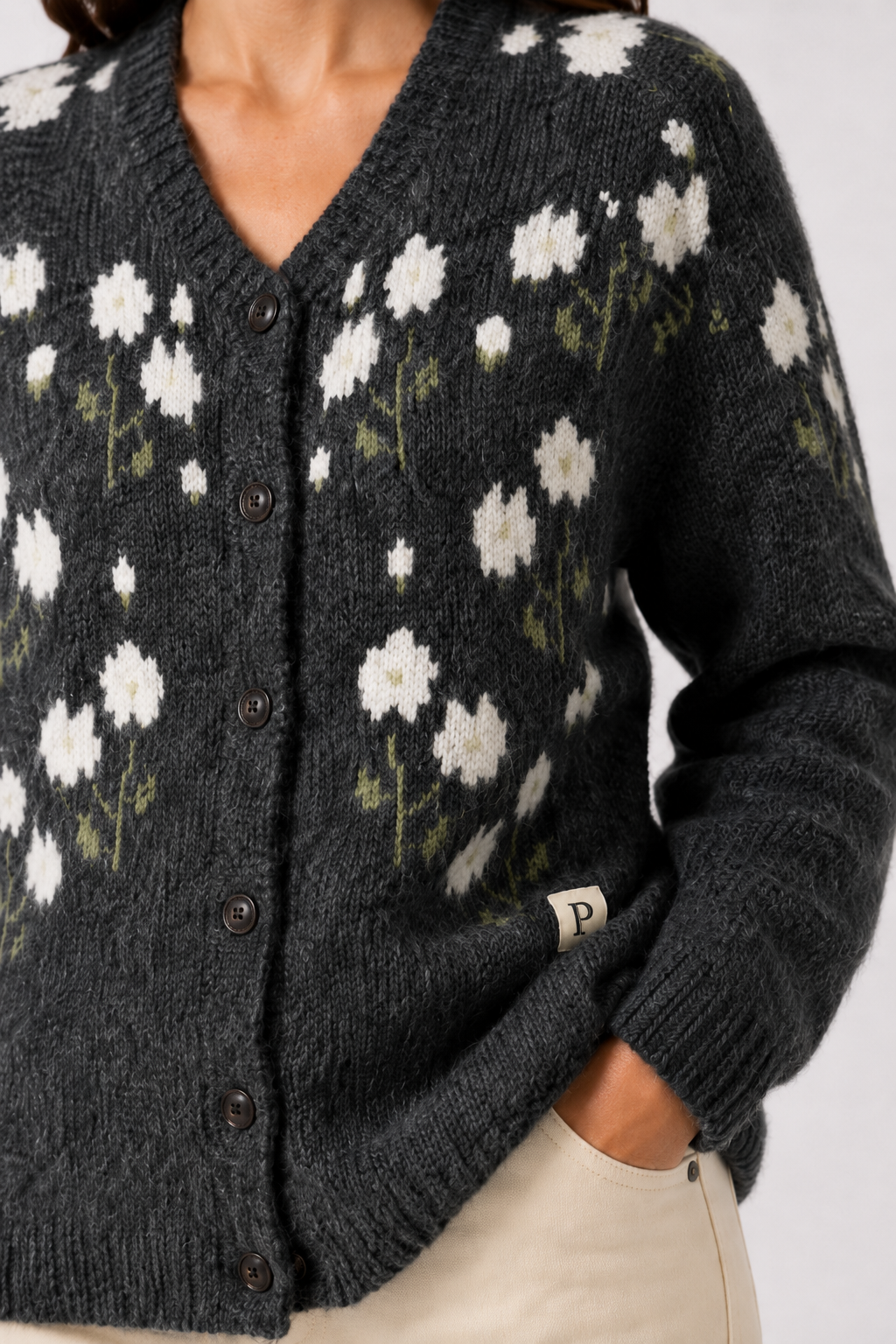 Chaqueta Punto Flor Gris